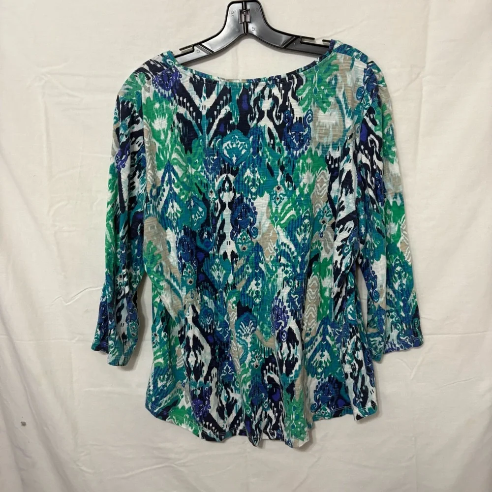 Chico’s Rayon Spandex Mediteranea Hi-Low Top in Iced Turq Multicolor - Picture 4 of 9
